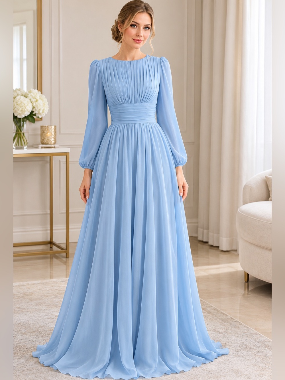 Powder Blue Pleated Maxi Gown with a back corset